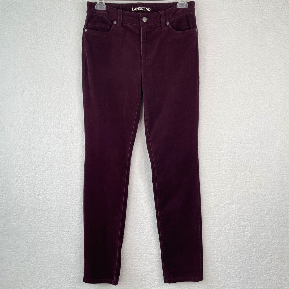 Lands End Womens Mid‎ Rise Slim Corduroy Pants Burgundy Plum Size 8 30x31.5